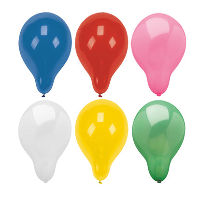 Sei rotondi, colorati PAPSTAR 100 palloncini della PAPSTAR GmbH in una griglia 2x3: sopra blu, rosso, rosa; sotto bianco, giallo, verde. Tutti sono completamente gonfiati e realizzati con materiale di alta qualità.