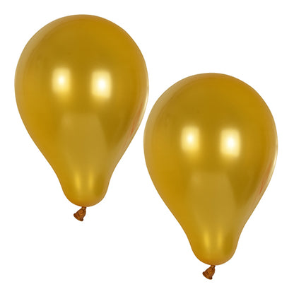 Zwei goldfarbene PAPSTAR 10 Luftballons Ø 25 cm von PAPSTAR GmbH aus hochwertigem Latex schweben als stilvolle Dekoration vor weißem Hintergrund, jeweils mit Knoten und glänzenden Lichtreflexionen.