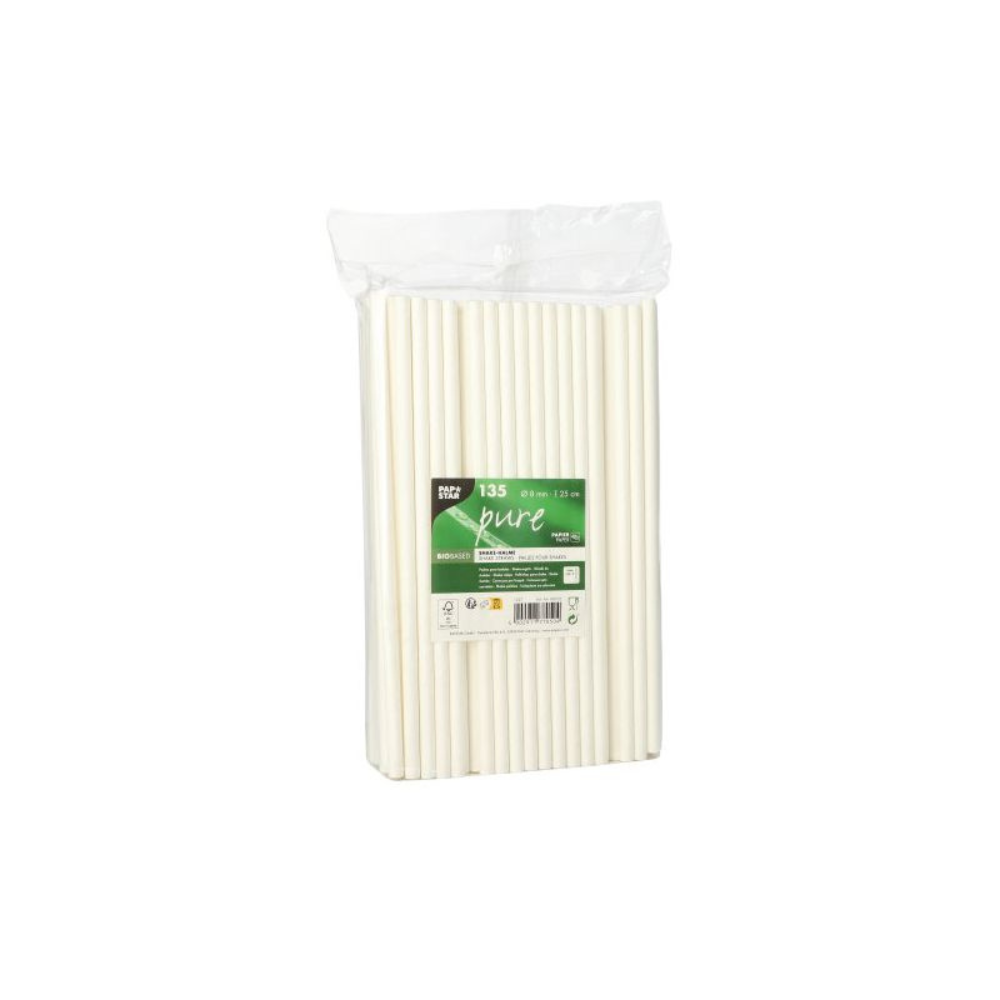 In una confezione di plastica trasparente si trova un set di cannucce monouso bianche con la scritta "PAPSTAR Shake-Halme Papier Ø 8 mm 25 cm | 135 pezzi". L'etichetta verde con testo bianco evidenzia i dettagli del prodotto. Su uno sfondo bianco semplice, queste cannucce offrono un'alternativa ecologica alle opzioni tradizionali.