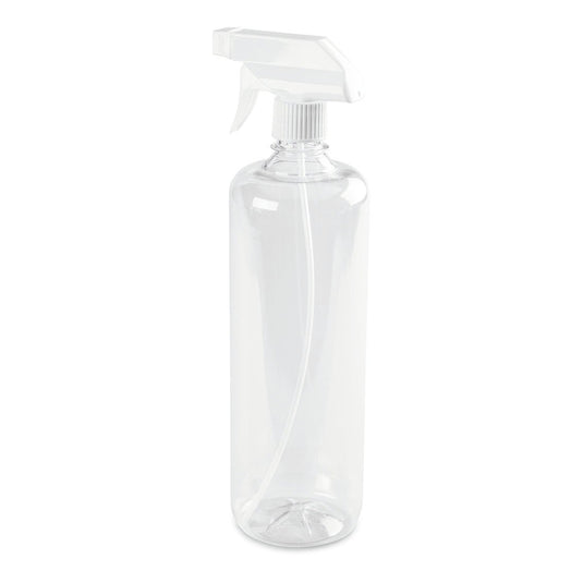 Una bottiglia spray trasparente colorata da 960 ml in plastica di Nölle Profi Brush Bürsten- & Pinseltechnik e.K., con testina spray bianca, è in piedi su uno sfondo bianco.