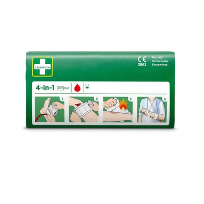 Una confezione verde Cederroth 4-in-1 fermasanguinamento (1 pezzo) di Orkla Wound Care AB, illustrata con istruzioni su come avvolgere la mano, fissare una benda, trattare ustioni e creare una fascia per il braccio. Raffigurata su sfondo bianco.