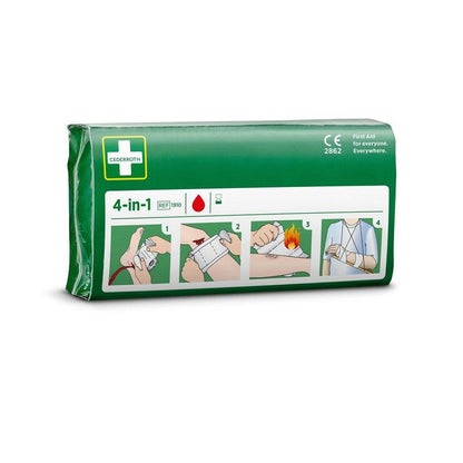 Una confezione verde Cederroth 4-in-1 fermasanguinamento (1 pezzo) di Orkla Wound Care AB, con istruzioni illustrate che mostrano quattro passaggi: avvolgere, stringere, applicare pressione e fissare la benda.