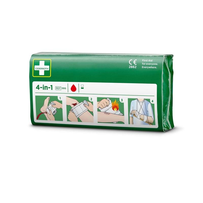 Una confezione verde "Cederroth 4-in-1 fermasanguinamento | Packung (1 pezzo)" di Orkla Wound Care AB mostra quattro passaggi: bendare un arto, avvolgere, fermare sanguinamenti dalla mano e applicare una fascia. Il marchio Cederroth è visibile sulla confezione.