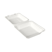Die BioPak Menübox 1000 ml aus weißer Bagasse von Duni GmbH (225x201x85 mm, 50 Stück) ist offen und zeigt zwei leere, gerippte Fächer - eine nachhaltige Verpackungslösung aus biologisch abbaubarem Material.