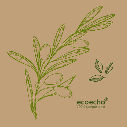 Ramo di ulivo verde con foglie e olive su sfondo beige. Due piccoli simboli di foglie di ulivo più "ecoecho 100% compostabile" nell'angolo - ideale per i tovaglioli Dunisoft da 20 x 20 cm della Duni GmbH.