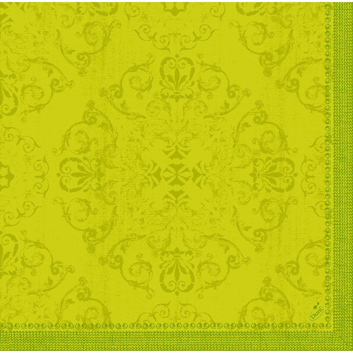 I tovaglioli Dunilin 40 x 40 cm 1/4 piega della Duni GmbH sono dotati di un elaborato motivo damascato giallo-verde e di una bordura decorativa a destra e in basso, conferendo eleganza a ogni tavola apparecchiata.