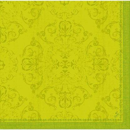I tovaglioli Dunilin 40 x 40 cm 1/4 piega della Duni GmbH sono dotati di un elaborato motivo damascato giallo-verde e di una bordura decorativa a destra e in basso, conferendo eleganza a ogni tavola apparecchiata.