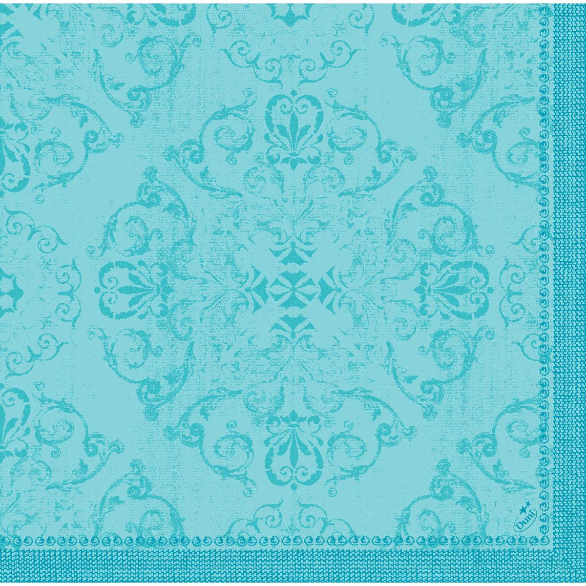 Il tovagliolo Dunilin 40 x 40 cm 1/4 piega della Duni GmbH si distingue per un motivo damascato turchese e azzurro con motivi floreali e a spirale elaborati, una bordura decorativa con piccoli cerchi e uno sfondo strutturato.