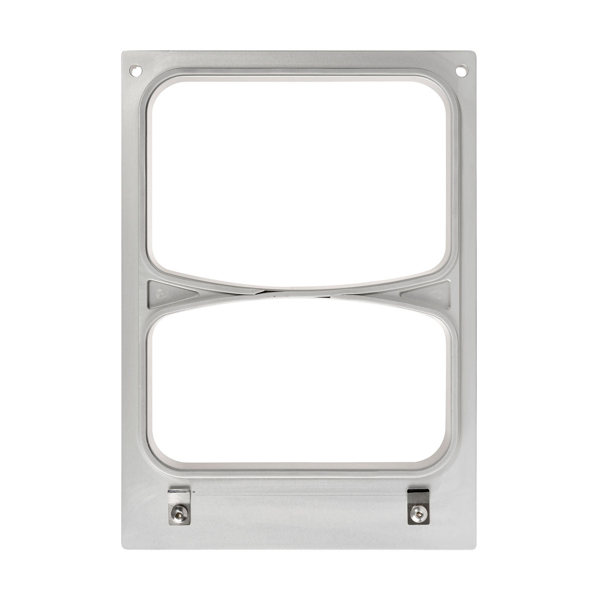 La cassetta DF10/20 2-comp di Duni GmbH è un telaio metallico rettangolare con bordi arrotondati, due grandi aperture, viti sulla parte inferiore e fori angolari sulla parte superiore per l'uso sicuro con i contenitori Fibretray Caterline 640/465 ml.
