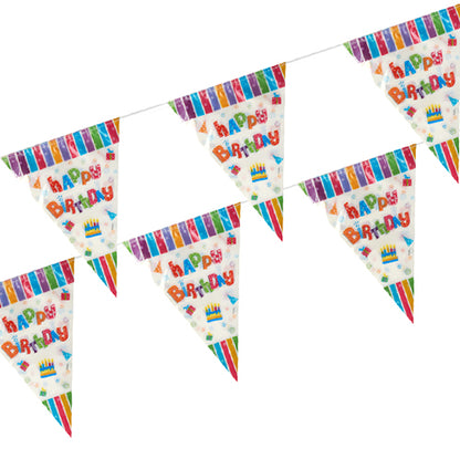 La ghirlanda di bandierine impermeabile della PAPSTAR GmbH si distingue per le colorate bandierine "Happy Birthday" con torte, palloncini e bordo a righe - perfetta per eventi all'aperto. Parte della collezione di ghirlande di bandierine PAPSTAR.