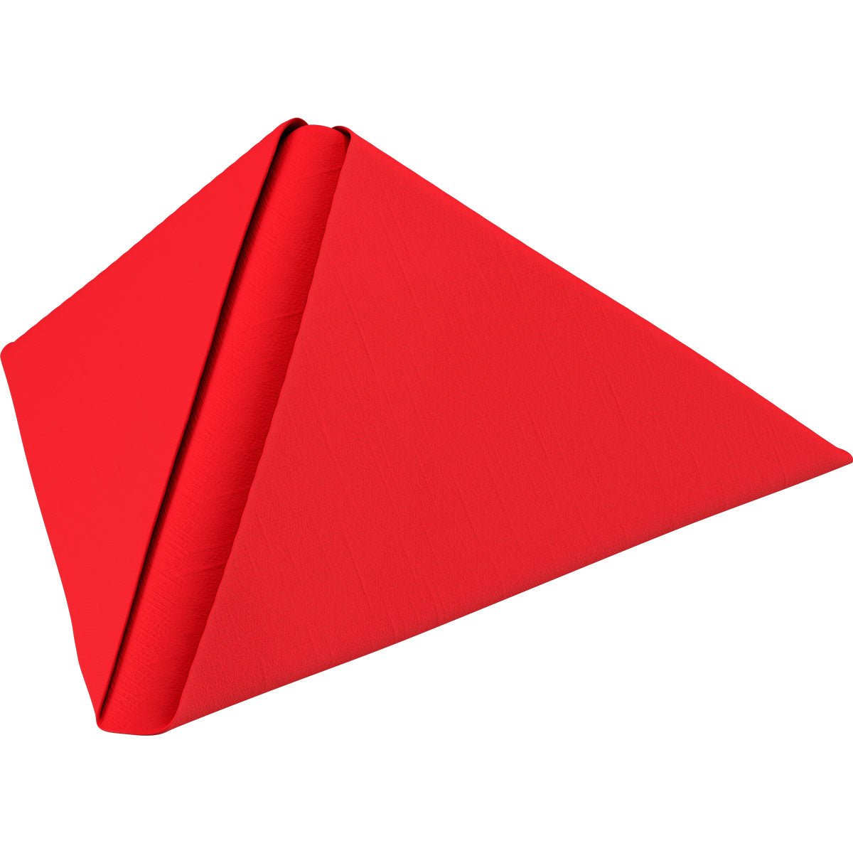 Un tovagliolo Dunilin rosso 40 x 40 cm 1/4 piega della Duni GmbH è piegato a forma di piramide affilata, evidenziando la sua texture e il suo motivo tessile su uno sfondo bianco semplice.
