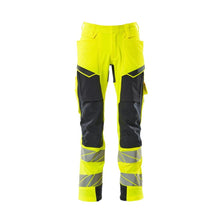 Pantaloni con tasche al ginocchio, pantaloni ULTIMATE STRETCH, colore giallo alta visibilità/nero-blu