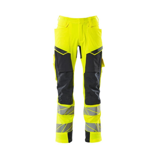 Pantaloni con tasche al ginocchio, pantaloni ULTIMATE STRETCH, colore giallo alta visibilità/nero-blu