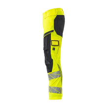 Pantaloni con tasche al ginocchio, pantaloni ULTIMATE STRETCH, colore giallo alta visibilità/nero-blu