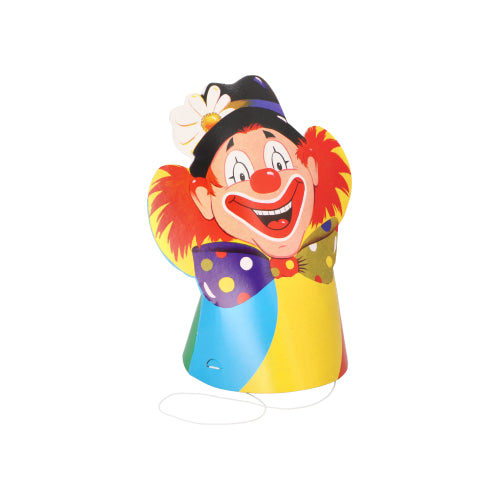 Un colorato cappello da festa a forma di clown della PAPSTAR GmbH con un grande naso rosso, un sorriso, capelli rossi e papillon a pois. Realizzato con materiali di alta qualità con design colorati. Include un elastico. Parte del set di PAPSTAR 5 cappellini.