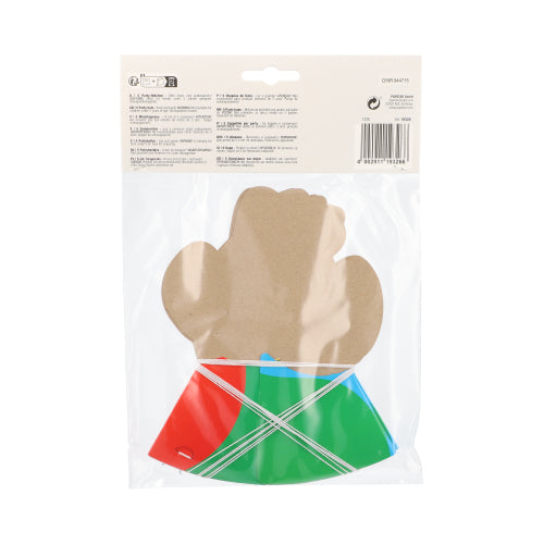 Una confezione di plastica della PAPSTAR GmbH contiene un espositore di cartone a forma di guanto marrone e diverse parti di plastica piatte rosse, verdi e blu in design colorati con un'etichetta bianca con informazioni sul prodotto, codice a barre e la scritta "PAPSTAR 5 cappellini".