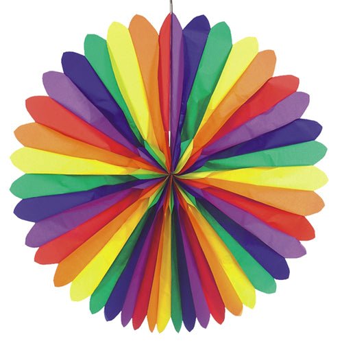 I ventagli decorativi "Rainbow" (Ø 120 cm, ignifughi) della PAPSTAR GmbH mostrano sezioni rosse, arancioni, gialle, verdi, blu e viola in un design simmetrico e rotondo e sono raffigurati su uno sfondo bianco.