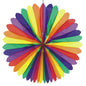 I ventagli decorativi "Rainbow" (Ø 120 cm, ignifughi) della PAPSTAR GmbH mostrano sezioni rosse, arancioni, gialle, verdi, blu e viola in un design simmetrico e rotondo e sono raffigurati su uno sfondo bianco.