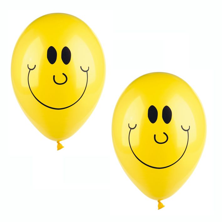 Zwei PAPSTAR 10 Luftballons Ø 25 cm von PAPSTAR GmbH aus hochwertigem Latex mit schwarzen Smiley-Gesichtern fröhlich dekoriert vor weißem Hintergrund.