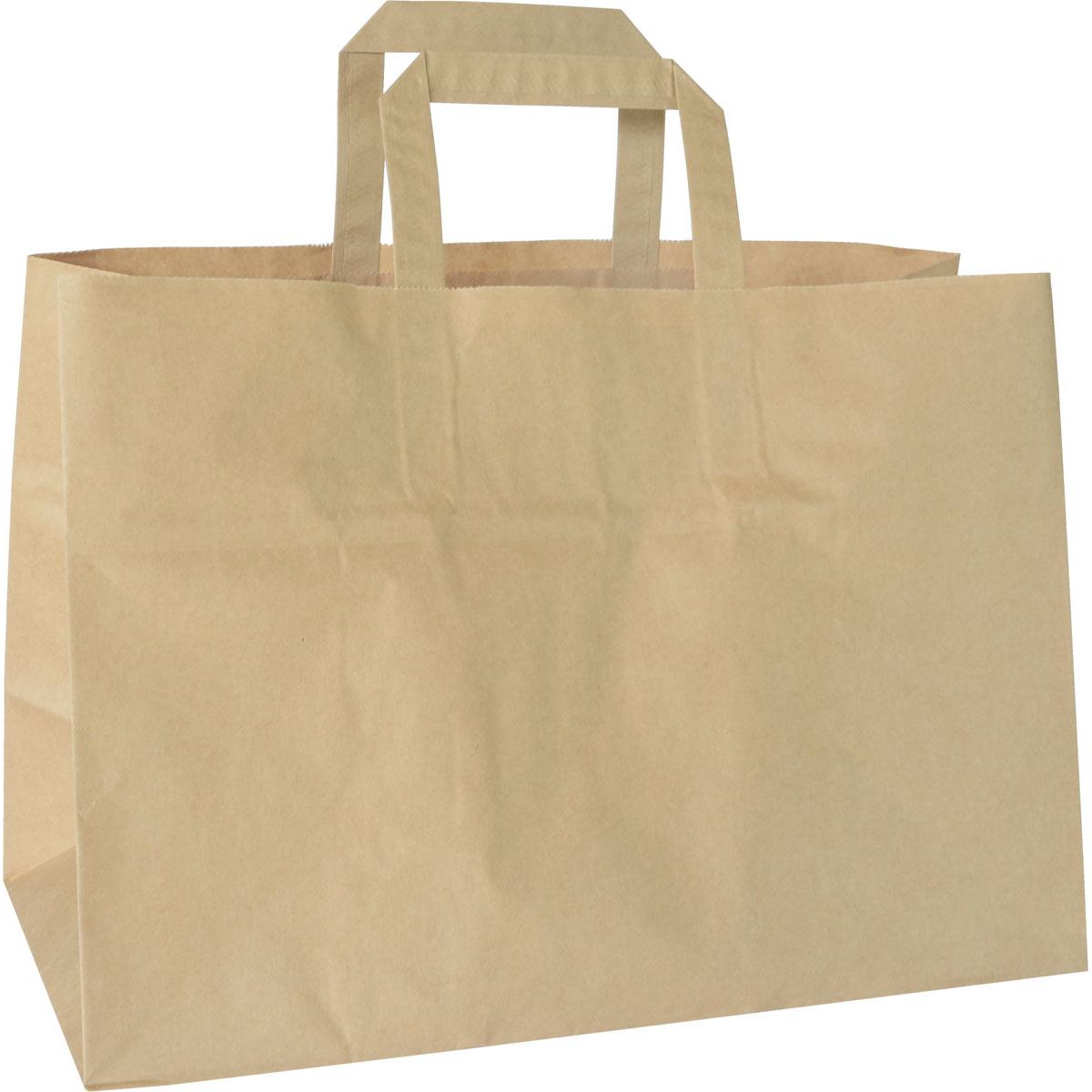 Una borsa da asporto di carta marrone FSC 360x170x257 di Duni GmbH è vuota e in piedi su uno sfondo bianco. La borsa ecologica in carta certificata FSC con due manici piatti mostra pieghe visibili. Confezione: 200 pezzi.