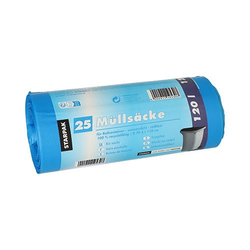 Starpak 25 sacchi per rifiuti, HDPE 120 l (110 x 70 cm); ogni robusto sacco blu contiene informazioni sul riciclaggio, dimensioni e un codice a barre sulla confezione per un facile riferimento.