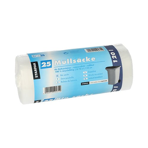 Un rotolo con 25 sacchi per rifiuti Starpak in HDPE con etichetta blu-bianca, capacità di 120 l (110 x 70 cm), inclusi dettagli sul riciclaggio in lingua tedesca.