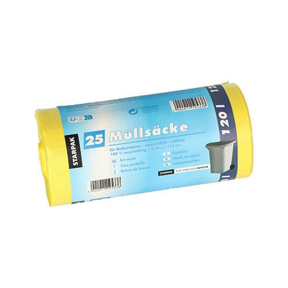 Un rotolo di 25 sacchi per rifiuti Starpak, HDPE 120 l (110 cm x 70 cm), composto da un sacco giallo, un'etichetta blu con "25 sacchi per rifiuti", dettagli del prodotto e una piccola immagine di un bidone della spazzatura.