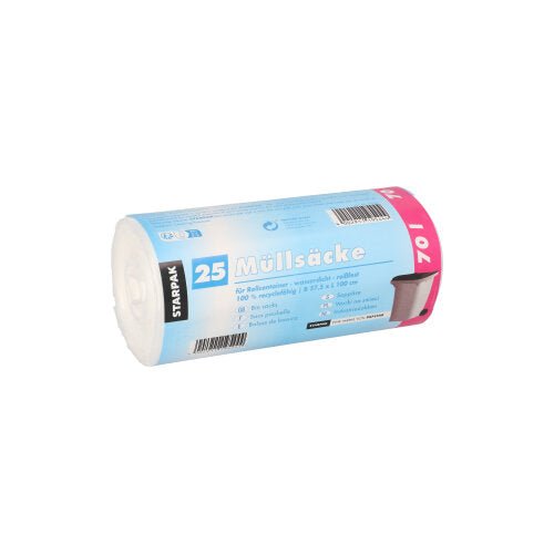 Nella foto è mostrato un rotolo con 25 sacchi per rifiuti trasparenti Starpak (HDPE, 70l, 100x57,5cm) con informazioni sul prodotto in tedesco sull'etichetta di Starpak su sfondo bianco.