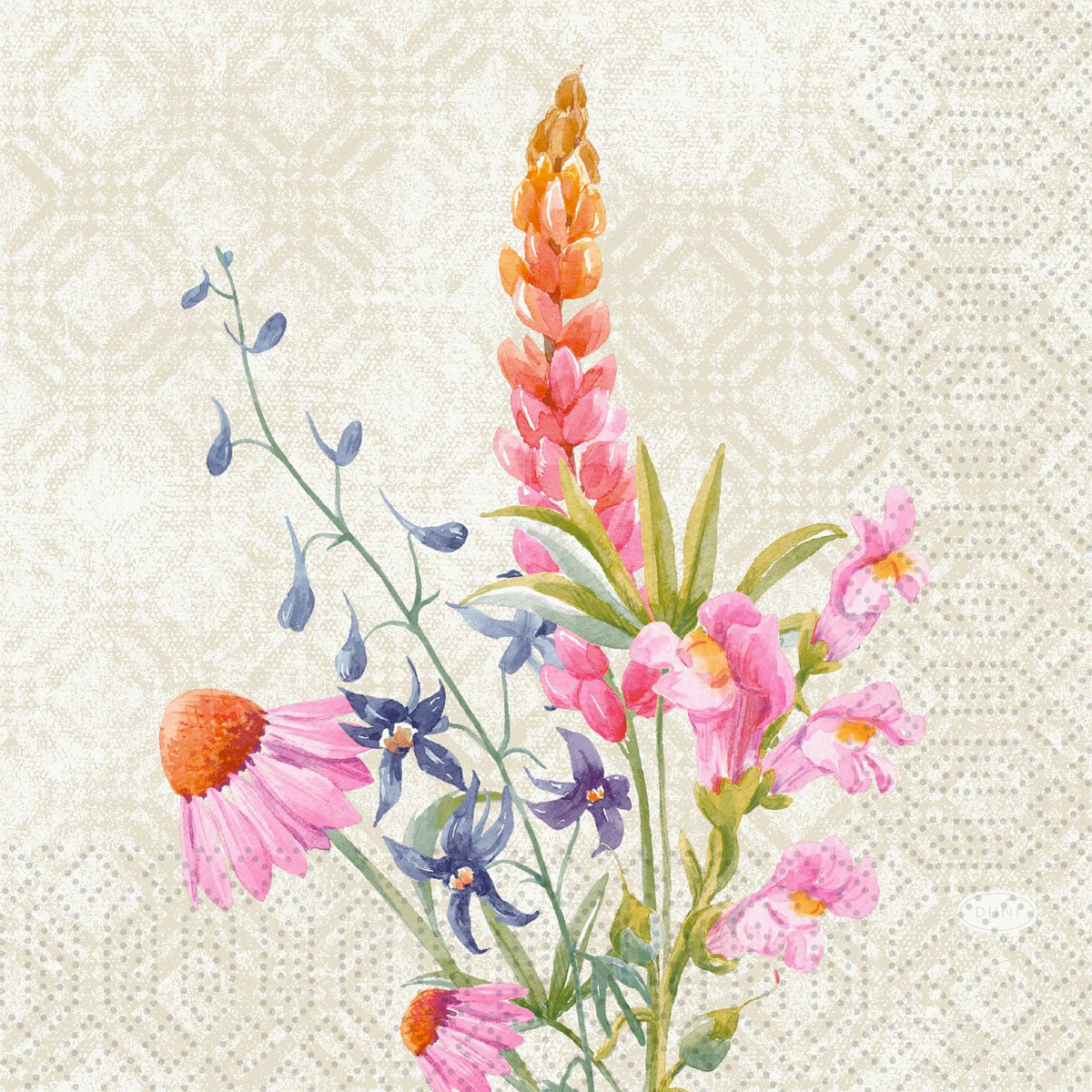 Un'illustrazione di fiori selvatici acquerellata di Floret Design adorna questi tovaglioli a 3 strati di Duni GmbH, 33x33 cm, confezione da 250.