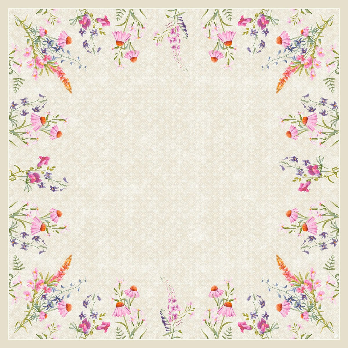 Quadratischer beiger Hintergrund, umrandet von aquarellierten Wildblumen in Rosa, Lila, Orange und Grün. Ideal zum Ausstellen der Dunisilk MD Floret Tischdecke 84x84 cm von Duni GmbH - hochwertiger Stoff, Packung mit 20 Stück.