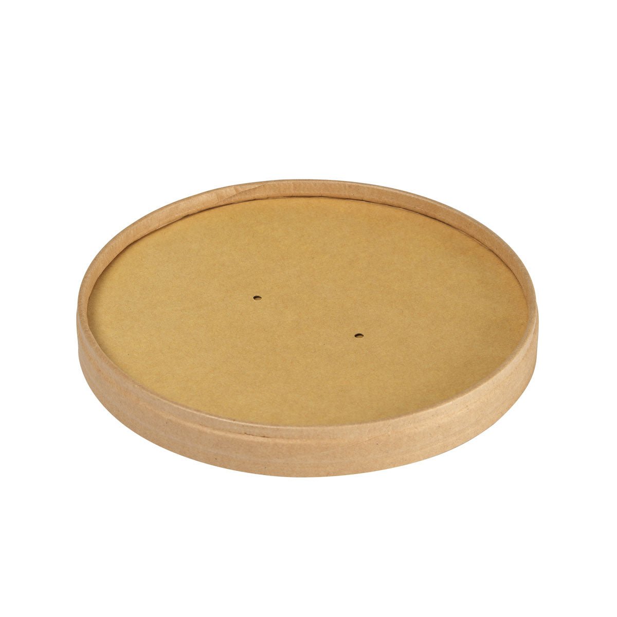 Un coperchio rotondo, piatto e marrone Cartone Ronda WIDE di Duni GmbH (FSC/PLA, 500/700ml, 150x150x17mm) - ideale per imballaggi sostenibili. La confezione contiene 50 pezzi. Raffigurato su sfondo bianco con due fori centrali.