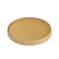 Un coperchio rotondo, piatto e marrone Cartone Ronda WIDE di Duni GmbH (FSC/PLA, 500/700ml, 150x150x17mm) - ideale per imballaggi sostenibili. La confezione contiene 50 pezzi. Raffigurato su sfondo bianco con due fori centrali.