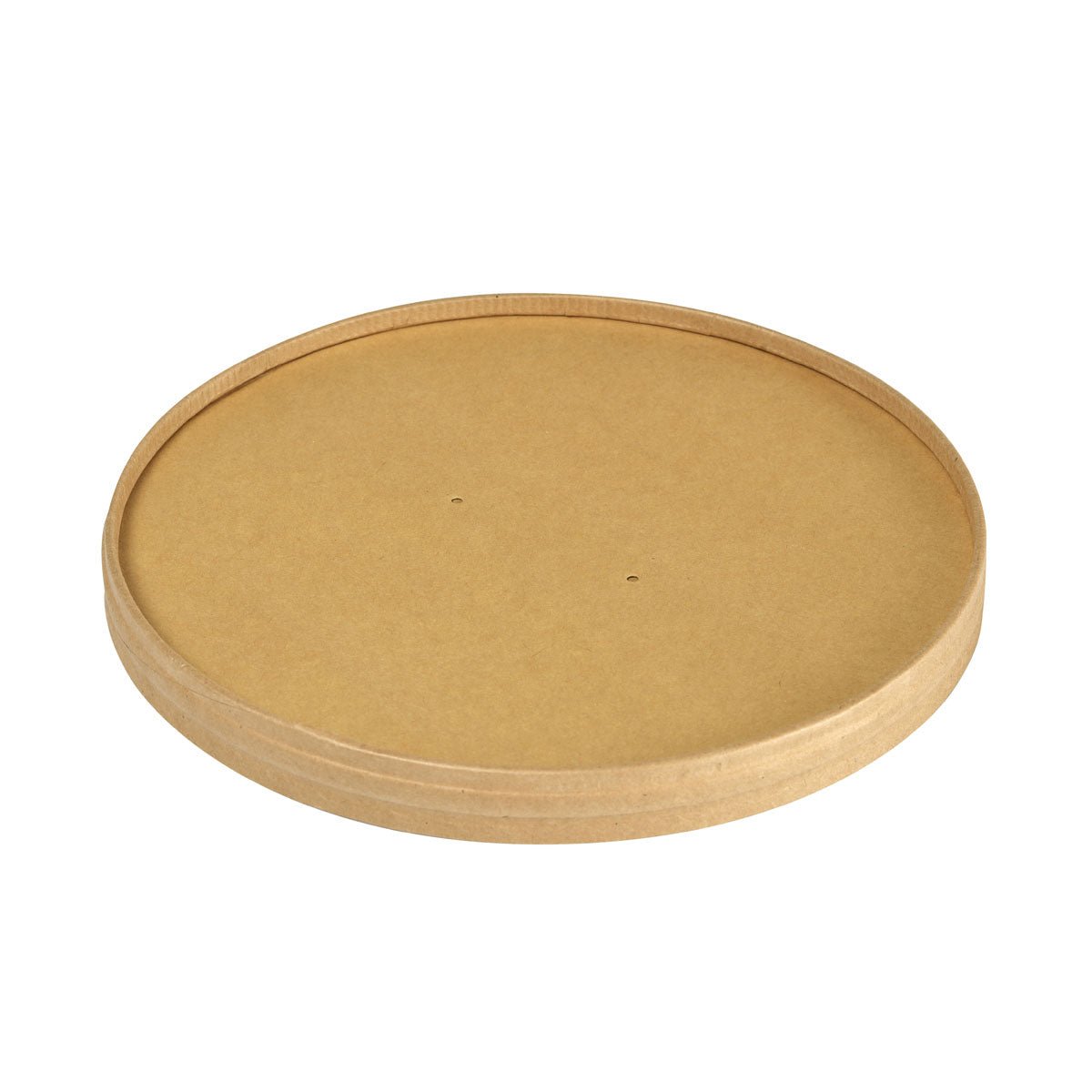 Un coperchio ecologico in cartone Ronda WIDE+ di Duni GmbH in cartone FSC/PLA marrone (184x184x17 mm, 900/1300 ml) con bordi leggermente rialzati e due piccoli fori si trova su sfondo bianco. Confezione da 25 pezzi.