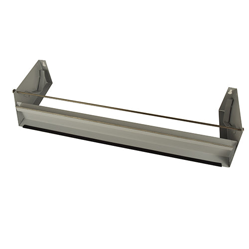 Il dispositivo di separazione della pellicola Starpak a 1 via per rotoli grandi da 45 cm è un distributore da parete in metallo con barra di taglio orizzontale e supporti laterali - ideale per impianti di confezionamento industriale o per l'uso come dispositivo di separazione della pellicola.