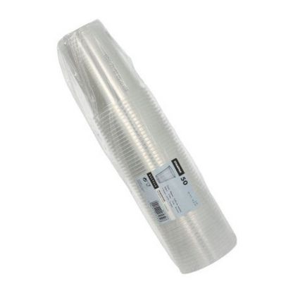 Un set di bicchieri di plastica trasparenti di Starpak, ordinatamente disposti in una forma cilindrica e confezionati in un involucro di plastica. La confezione presenta un'etichetta con dettagli del prodotto e un codice a barre. Si tratta di nuovi bicchieri di plastica Starpak (PP) con un volume di 0,4 litri, dimensioni Ø 9,5 cm x 12,2 cm e una confezione da 50 pezzi con bordo in schiuma.