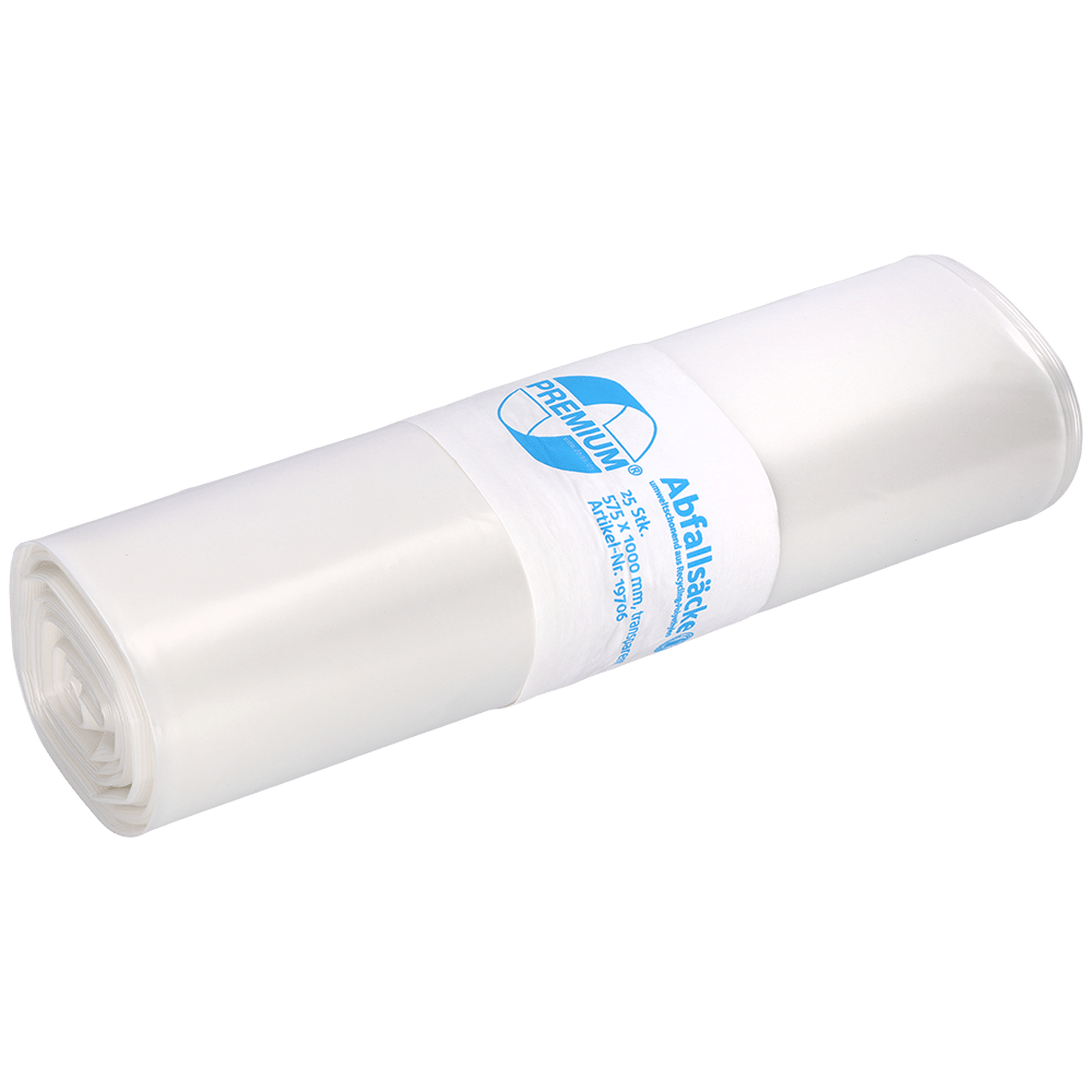 È raffigurato un rotolo bianco di sacchi della spazzatura EMIL DEISS KG (GmbH + Co.) DEISS 575x1000x0,06 mm in LDPE riciclato 70 l con etichetta blu e bianca su sfondo bianco. Questi sacchi sono ideali per lo smaltimento quotidiano dei rifiuti.