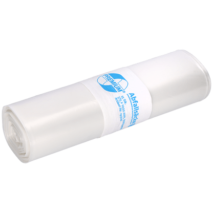 È raffigurato un rotolo bianco di sacchi della spazzatura EMIL DEISS KG (GmbH + Co.) DEISS 575x1000x0,06 mm in LDPE riciclato 70 l con etichetta blu e bianca su sfondo bianco. Questi sacchi sono ideali per lo smaltimento quotidiano dei rifiuti.