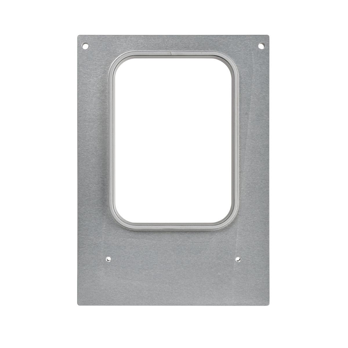 Una piastra metallica rettangolare con un ritaglio rettangolare arrotondato centrale e quattro fori per viti agli angoli, simile a parti della cassetta Duni GmbH DF10/20 per la ciotola Forum 785 ml (confezione, 1 pezzo), fotografata su sfondo bianco.