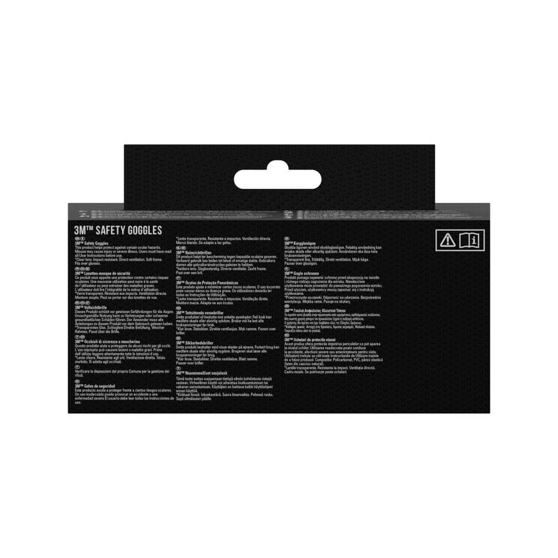 Il retro di una confezione di occhiali di protezione 3M™ Classic 4700 di 3M Deutschland GmbH mostra informazioni sulla protezione degli occhi e avvertenze di sicurezza in più lingue su sfondo nero, con un'apertura superiore per appendere e dettagli sul design della lente trasparente ventilata direttamente.