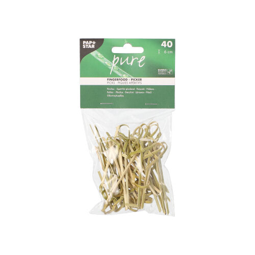 40 pezzi PAPSTAR spiedini finger food "pure" 6 cm nel sacchetto trasparente della PAPSTAR GmbH con etichetta verde-bianca - ideale per servire finger food con stile.
