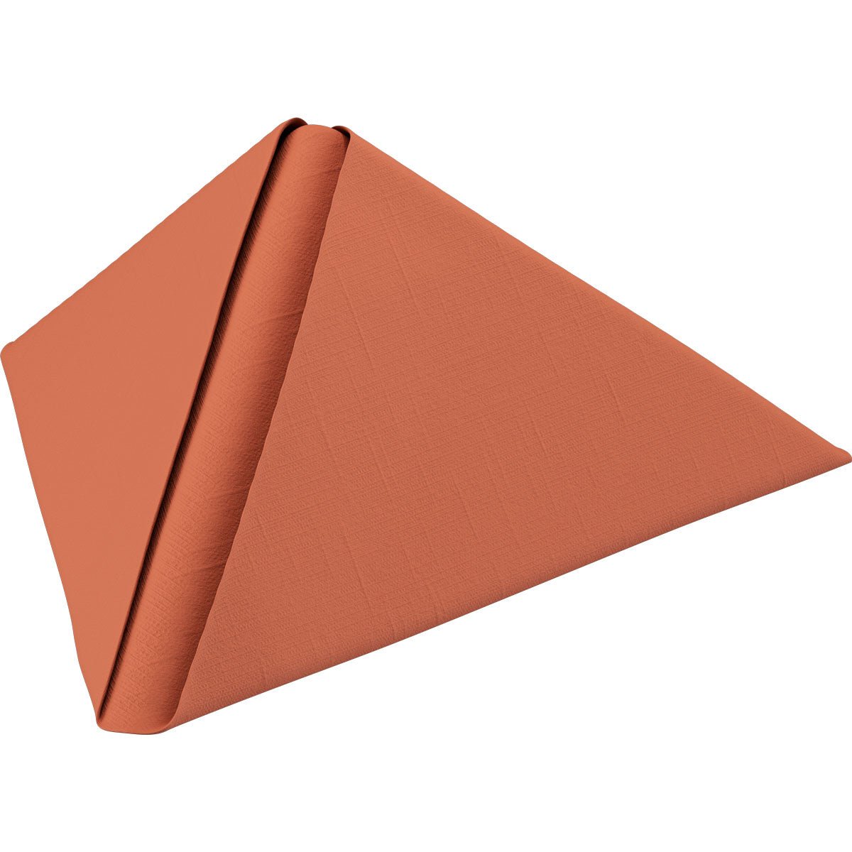 Un singolo tovagliolo Dunilin color ruggine 40 x 40 cm 1/4 piega della Duni GmbH è piegato in una forma di piramide triangolare in piedi su uno sfondo bianco.