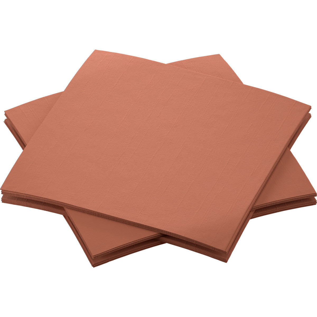 Quattro pile di tovaglioli Dunisoft da 20 x 20 cm della Duni GmbH in marrone sono disposte in modo sovrapposto e ordinato su uno sfondo bianco. I tovaglioli inutilizzati mostrano un motivo strutturato discreto.