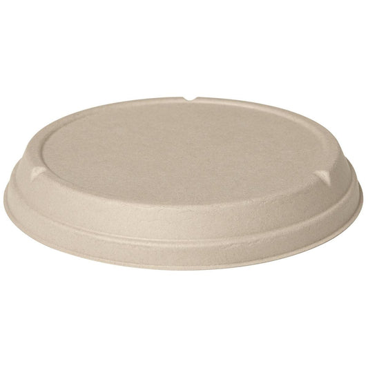 Der Bagasse Deckel Classic 800-1200 ml von Duni GmbH ist ein brauner, runder Deckel aus nachhaltiger Bagasse mit einer flachen Oberfläche und drei kleinen Kerben auf weißem Hintergrund - perfekt für umweltfreundliche Verpackungen (Packung, 40 Stück).