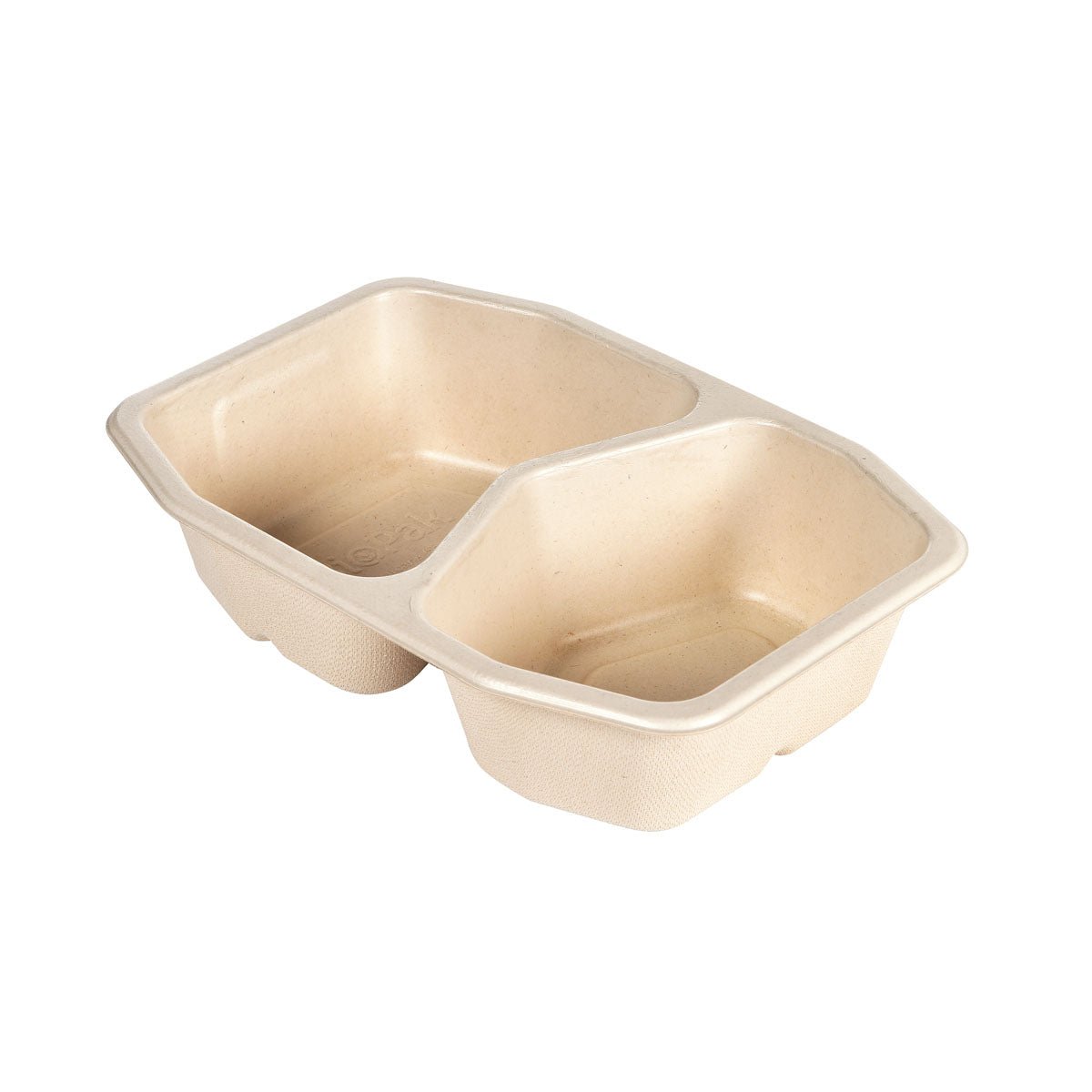 Un vassoio in fibra HMR beige/PLA a 2 scomparti, 215x148x50 mm di Duni GmbH in bagassa rivestita. Con due scomparti, lati angolati e angoli arrotondati per un comodo servizio di cibo-confezione monouso ecologica (Confezione: 320 pezzi).