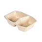 Un vassoio in fibra HMR beige/PLA a 2 scomparti, 215x148x50 mm di Duni GmbH in bagassa rivestita. Con due scomparti, lati angolati e angoli arrotondati per un comodo servizio di cibo-confezione monouso ecologica (Confezione: 320 pezzi).