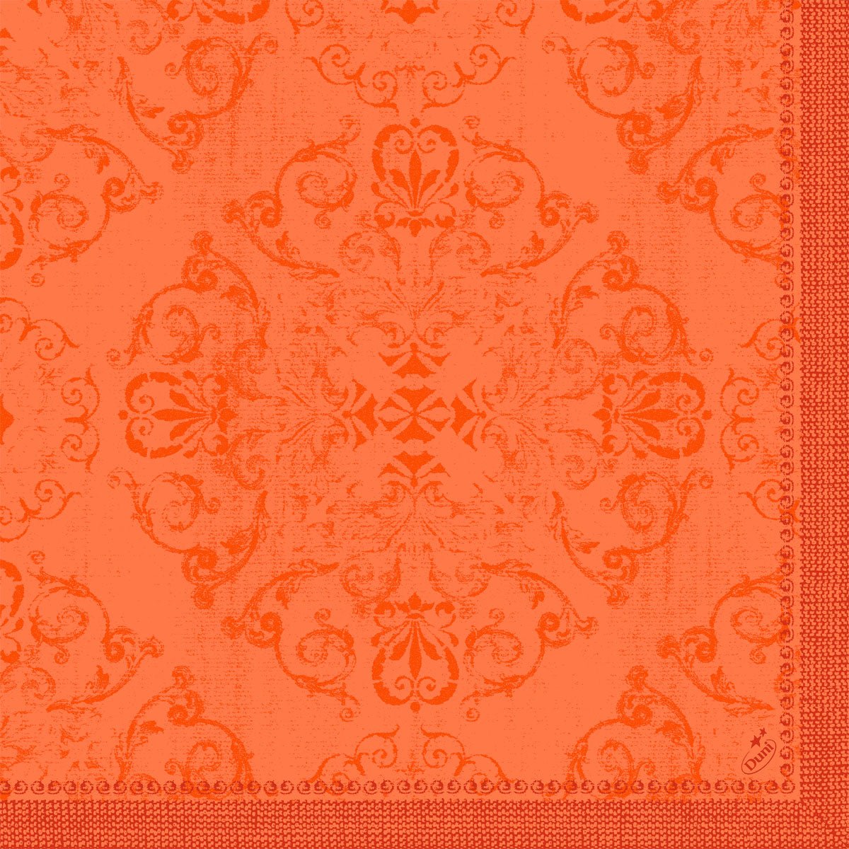 Il motivo damascato arancione con motivi floreali e di chiocciole conferisce ai tovaglioli Dunilin 40 x 40 cm 1/4 piega della Duni GmbH un aspetto vintage strutturato - ideale come tovaglioli di alta qualità per ogni occasione.