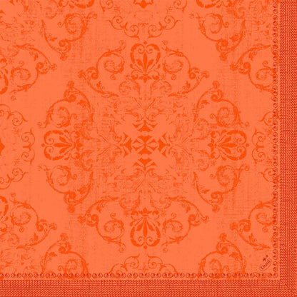 Il motivo damascato arancione con motivi floreali e di chiocciole conferisce ai tovaglioli Dunilin 40 x 40 cm 1/4 piega della Duni GmbH un aspetto vintage strutturato - ideale come tovaglioli di alta qualità per ogni occasione.