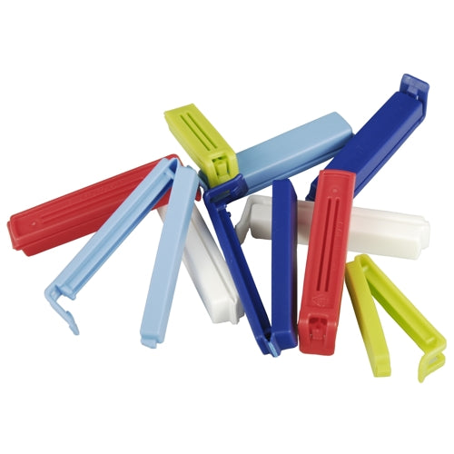 Un set di 10 colorati Starpak clip di chiusura in materiale PP (rosso, blu, azzurro, bianco, verde) è posizionato su una superficie bianca - ideale per chiudere confezioni alimentari.