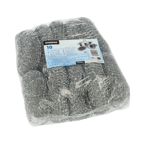 Una confezione di plastica contenente 10 dischi abrasivi Starpak Topfreiniger rotondi in filo d'argento con un'etichetta blu-bianca con il marchio "Starpak" e le informazioni sul prodotto.