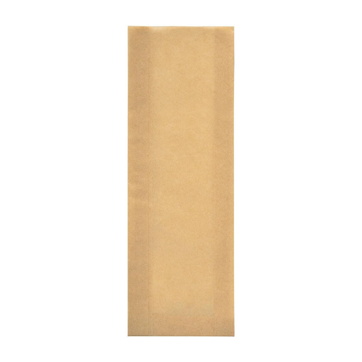 Eine rechteckige, braune Ovenbag tall Papier (105x40x320) von Duni GmbH ist unbenutzt vor einem weißen Hintergrund abgebildet. Die Tüte aus beschichtetem Papier hat eine glatte Oberfläche ohne Griffe oder Branding. Verkauft in Packungen mit 600 Stück.